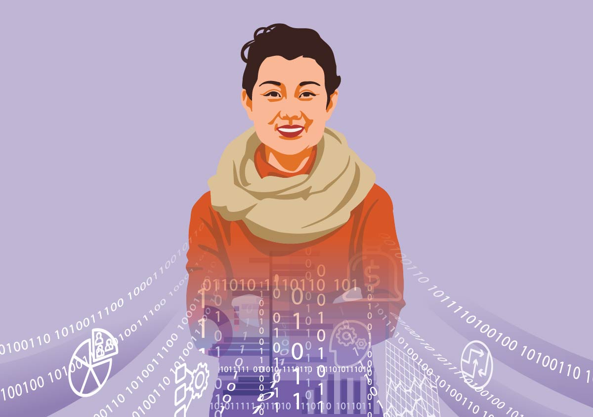 Illustration of a woman with data points and graphics in the foreground