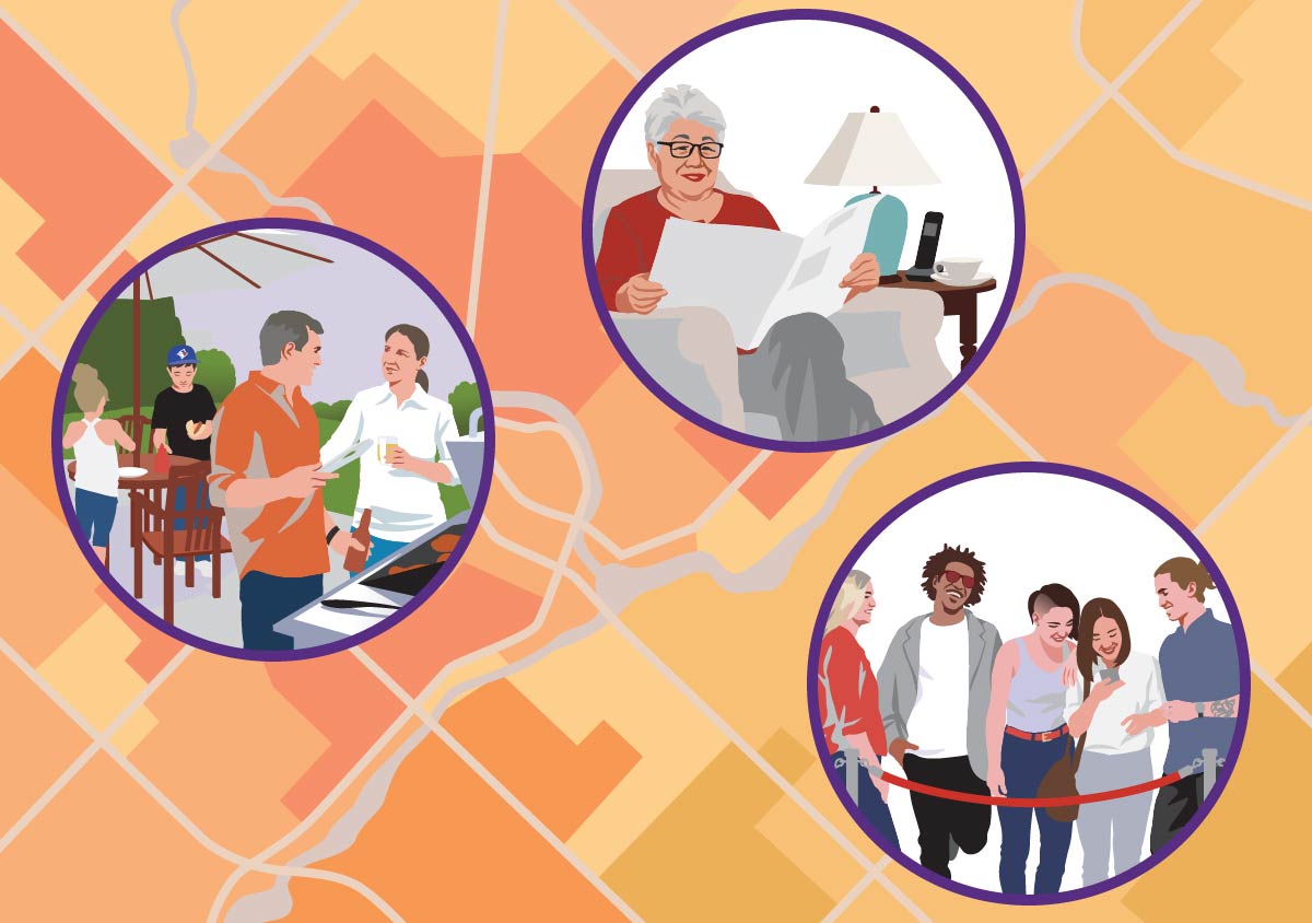 Illustration of different people within segment bubbles overlaying a map