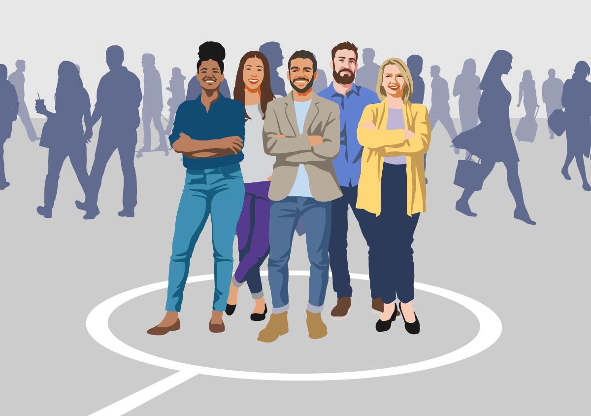 Illustration of a diverse group of people standing together and smiling with silhouettes of people walking in the background