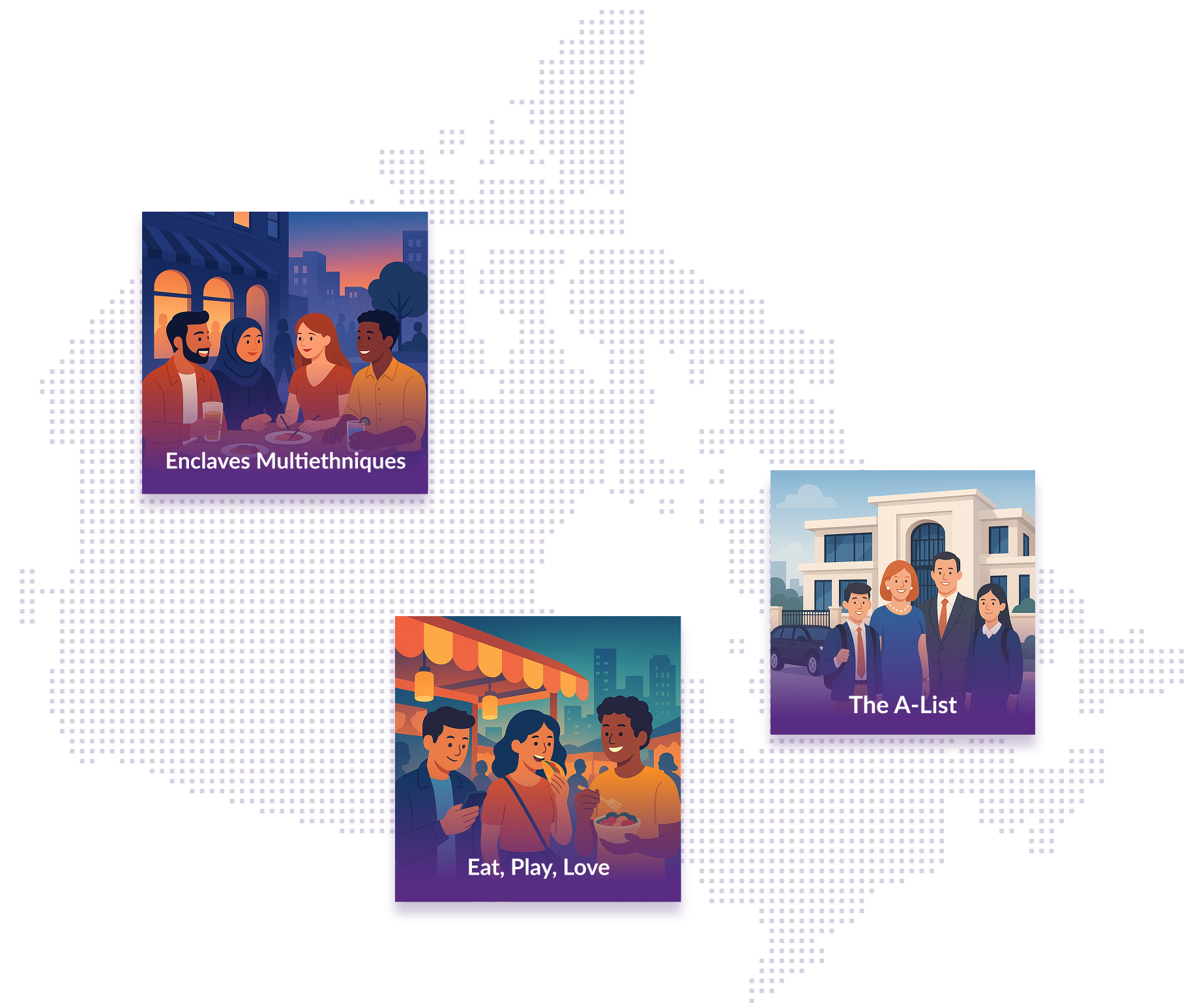 Pixelated map of Canada showing example thumbnails of PRIZM demographic segments: 'Modern Suburbia', 'Eat, Play, Love' and 'The A-List'